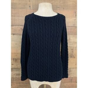Vintage 90s LL Bean Cable Knit Sweater Blue Crew Pullover 100% Cotton Sz M